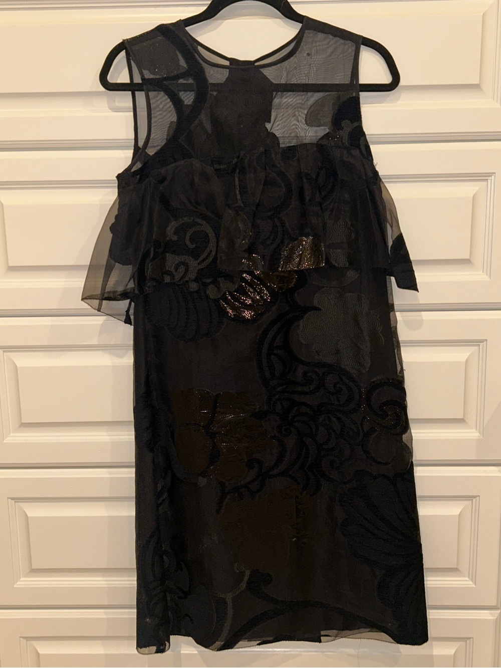 Lela Rose Black Sheer Flocked Midi Dress